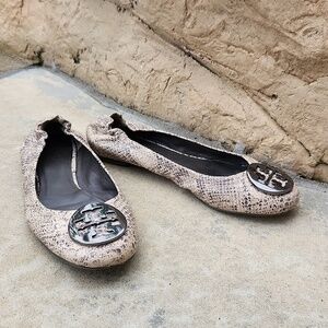 Tory Burch Reva Python Snake Print Ballet Flats Beige Leather Shoes Size 8